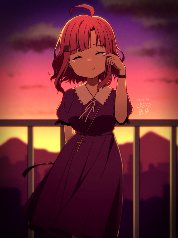 1girl, ahoge, closed_eyes, closed_mouth, commentary_request, contrast_collar, dress, facing_viewer, gakkou_gurashi!, hair_ornament, hairclip, outdoors, purple_dress, railing, sad, sad_smile, sakura_megumi, short_hair, smile, solo, sunset, tears, wiping_tears, yowaifish