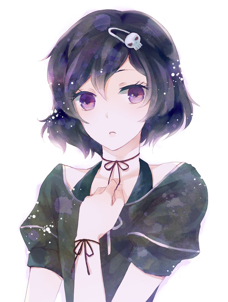 androgynous, black_hair, blush, crossdressinging, hair_ornament, hairclip, hand_on_own_chest, hand_to_chest, male, open_mouth, purple_eyes, purple_hair, rishi_(kurou), short_hair, simple_background, skull, skull_hair_ornament, solo, steins;gate, trap, urushibara_luka, urushibara_ruka, violet_eyes
