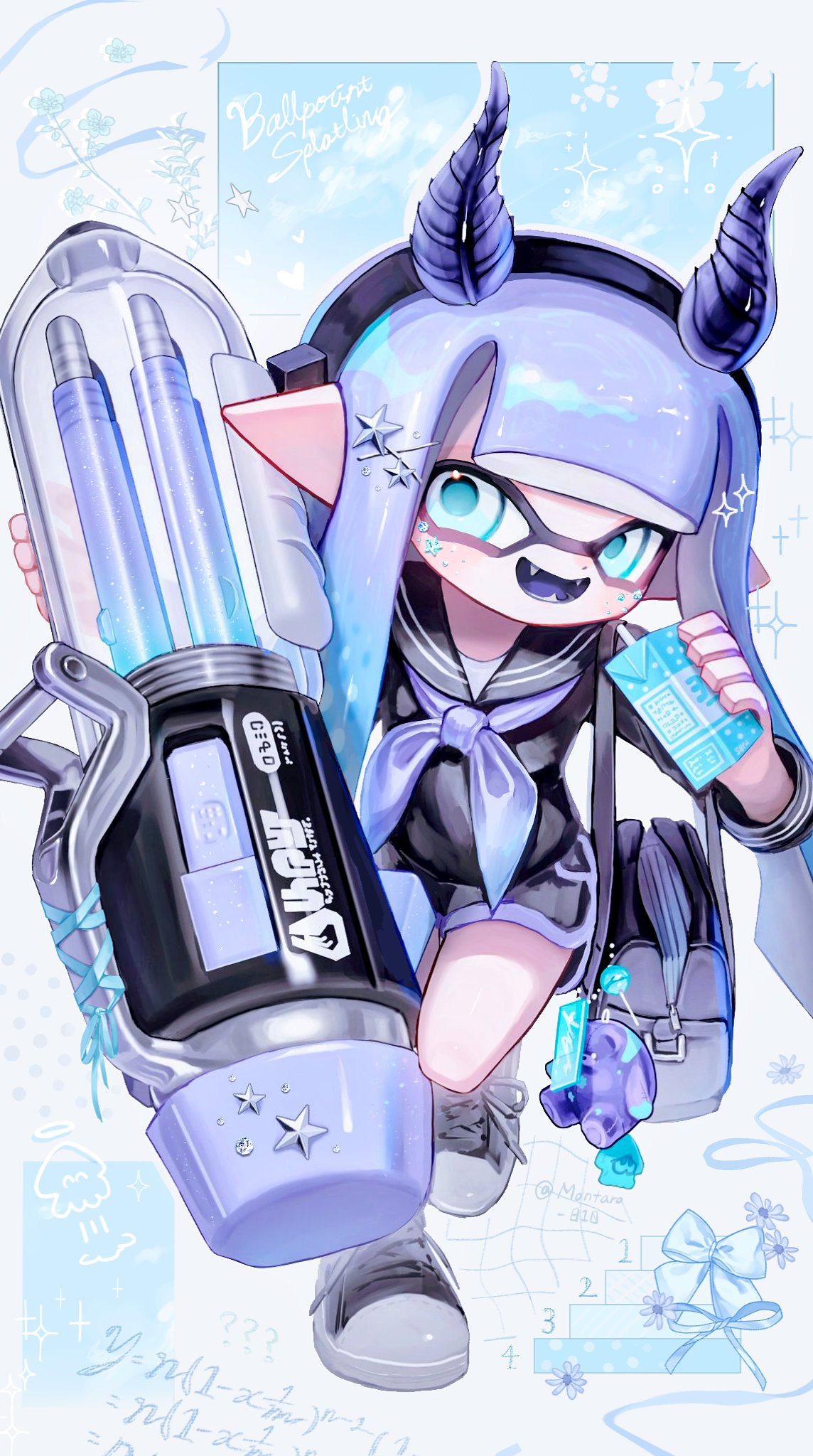 1girl, bag, bag_charm, ballpoint_splatling_(splatoon), black_bag, black_hairband, black_sailor_collar, black_shirt