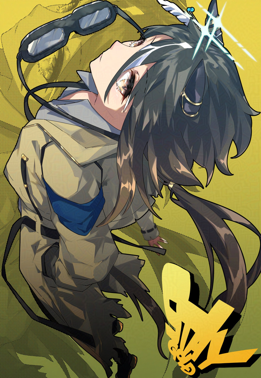 106staygold, 1girl, absurdres, animal_ears, black_hair, brown_eyes, brown_hair, coat, ear_covers, ear_ornament, goggles, goggles_around_neck, hair_between_eyes, highres, horse_ears, horse_girl, horse_tail, long_hair, looking_at_viewer, multicolored_hair, ponytail, shirt, smile, solo, stay_gold_(umamusume), streaked_hair, tail, torn_clothes, torn_coat, umamusume, white_hair, yellow_coat