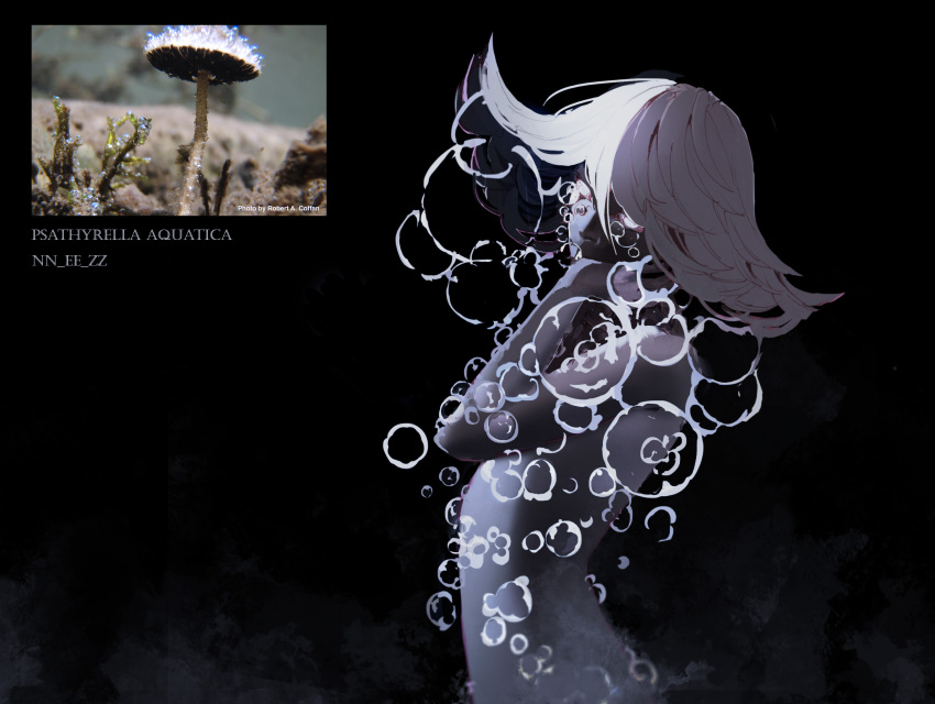 1girl, arched_back, artist_name, black_background, black_skin, blank_eyes, bubble, colored_eyelashes