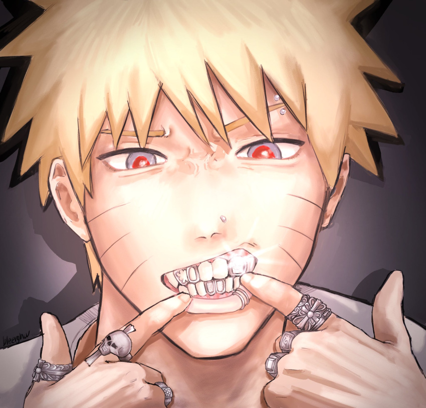 1boy, alternate_costume, artist_name, bleeehrghw, blonde_hair, blue_eyes, downturned_eyes, drop_shadow