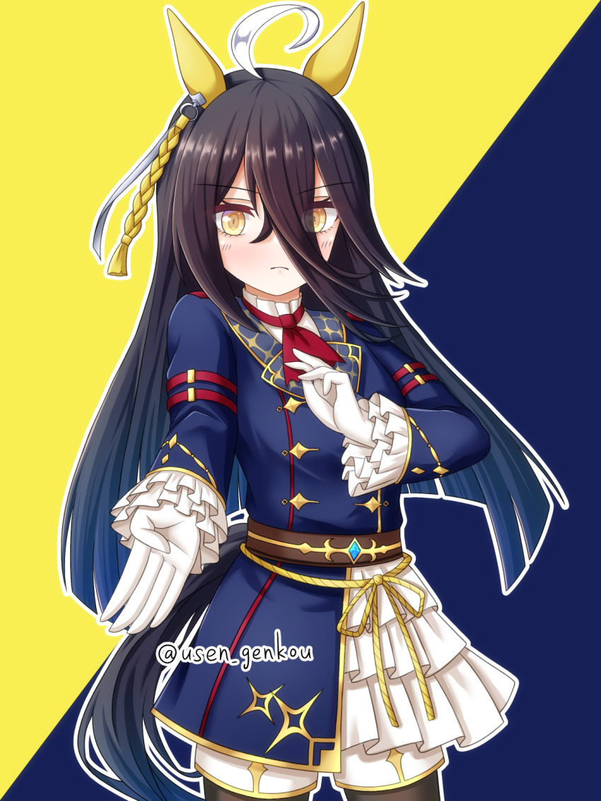 1girl, ahoge, animal_ears, ascot, belt, black_hair, black_pantyhose, blue_jacket