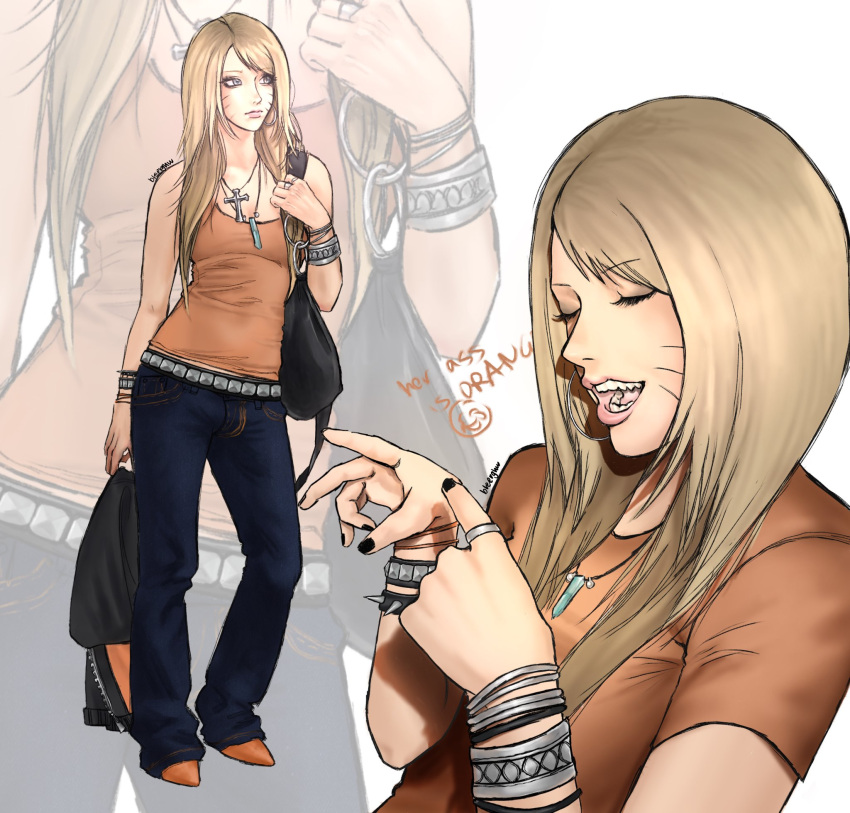 1girl, alternate_costume, alternate_hairstyle, artist_name, avril_lavigne, avril_lavigne_(cosplay), belt, black_bag, black_eyeshadow, black_jacket, black_nails, bleeehrghw, blonde_hair, blue_eyes, blue_pants, bracelet, closed_eyes, closed_mouth, cosplay, cross, cross_necklace, crystal_necklace, denim, earrings, english_commentary, english_text, eyelashes, eyeshadow, facial_mark, full_body, genderswap, genderswap_(mtf), hair_over_breasts, hands_up, hashtag-only_commentary, highres, holding, holding_jacket, holding_unworn_clothes, hoop_earrings, ibispaint_(medium), jacket, jeans, jewelry, kitten_heels, long_hair, looking_to_the_side, lowleg, lowleg_pants, makeup, multiple_bracelets, multiple_views, naruto_(series), necklace, open_mouth, orange_shirt, orange_shoes, orange_tank_top, pants, photo-referenced, shirt, shoes, silver_bracelet, silver_earrings, silver_ring, smile_emoji, spiked_bracelet, spikes, straight_hair, studded_belt, studded_bracelet, swept_bangs, t-shirt, tank_top, teeth, tongue, unworn_jacket, uzumaki_naruto, whisker_markings, white_background, y2k_fashion, zoom_layer