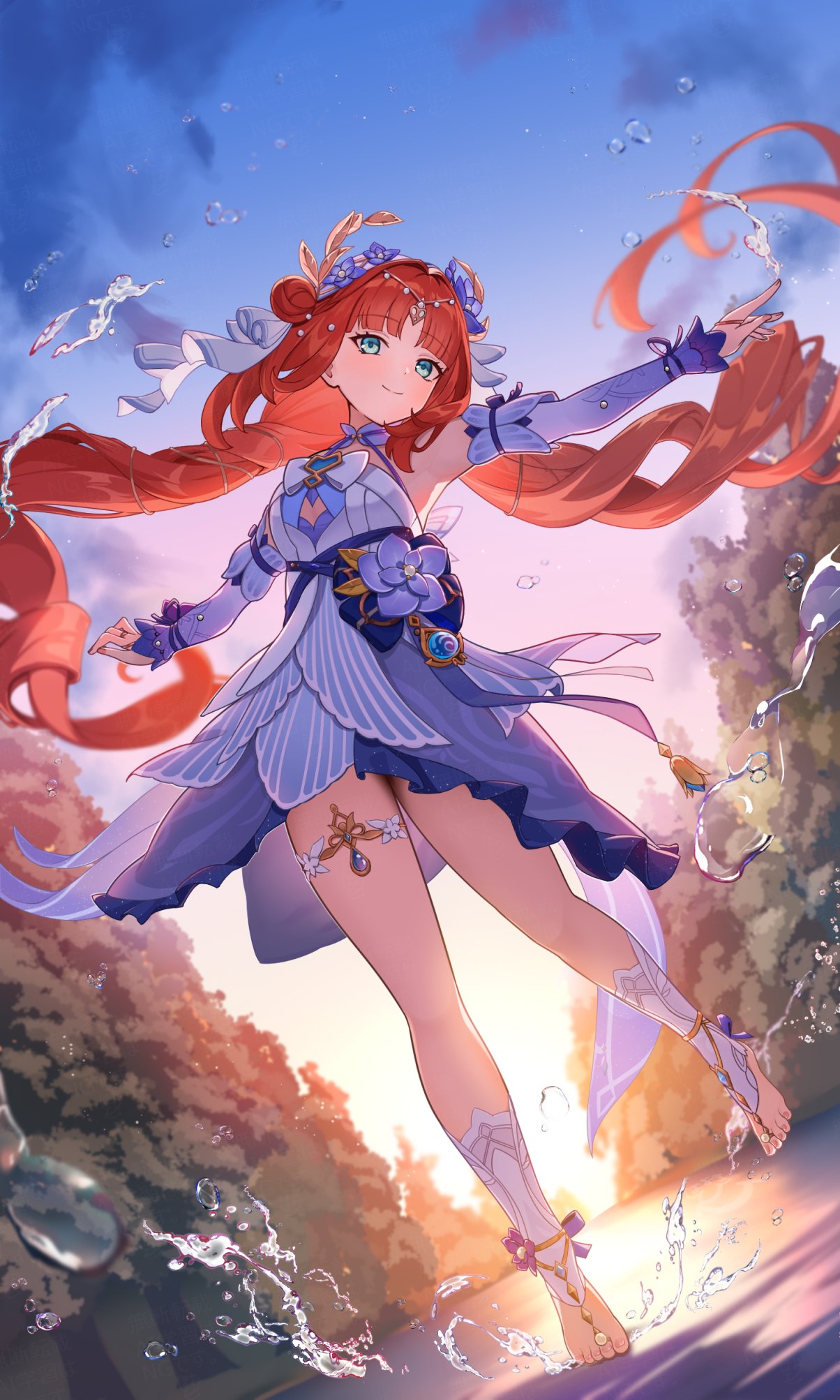 1girl, aqua_eyes, barefoot, blue_sky, blue_sleeves, closed_mouth, detached_sleeves, dress