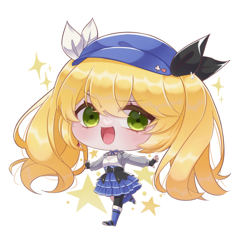 1girl, black_gloves, blonde_hair, blue_boots, blue_hat, blue_skirt, boots, chibi