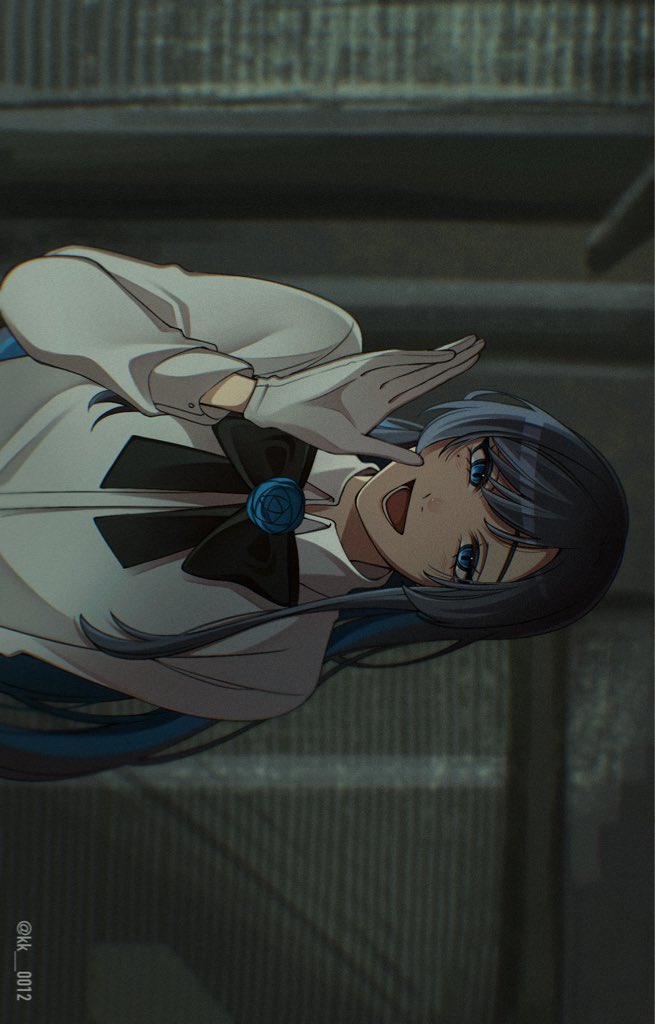 1girl, ado_(utaite), black_bow, black_bowtie, black_hair, blue_eyes, blue_hair, blush