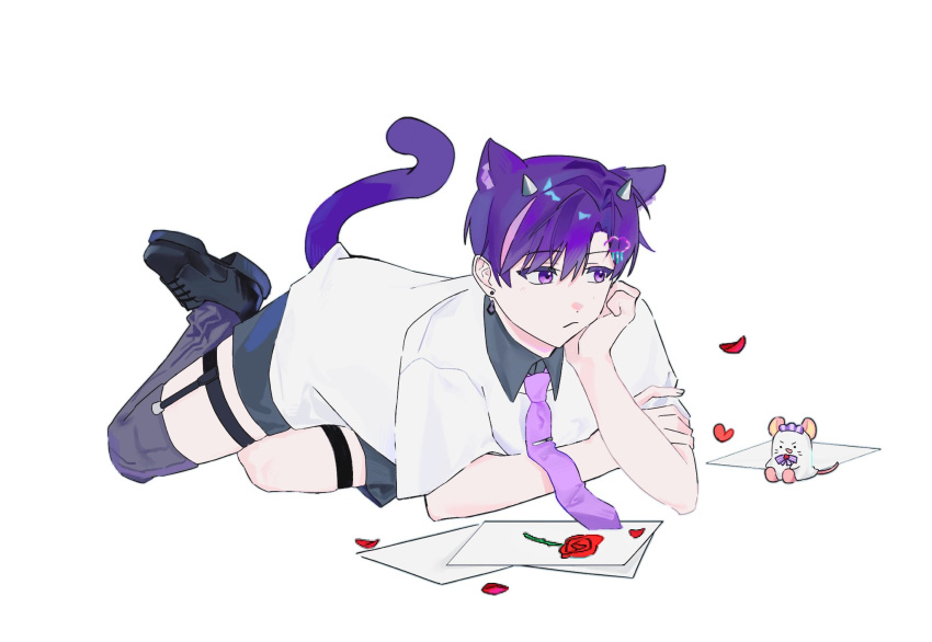 1boy, animal_ears, black_shorts, cat_boy, cat_ears, cat_tail, collared_shirt, commentary_request