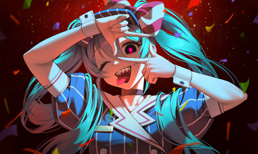 1girl, absurdres, apron, aqua_hair, black_choker, black_eyes, blue_dress, bow