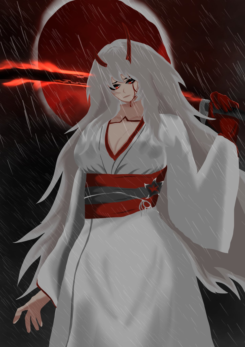 1girl, acheron_(boundless_choreo)_(honkai:_star_rail), acheron_(honkai:_star_rail), acheron_(izumo)_(honkai:_star_rail), blood, blood_on_weapon, chest_tattoo, gradient_hair, highres, holding, holding_sword, holding_weapon, honkai:_star_rail, honkai_(series), multicolored_hair, open_clothes, red_tattoo, sword, tattoo, wamiv14, weapon
