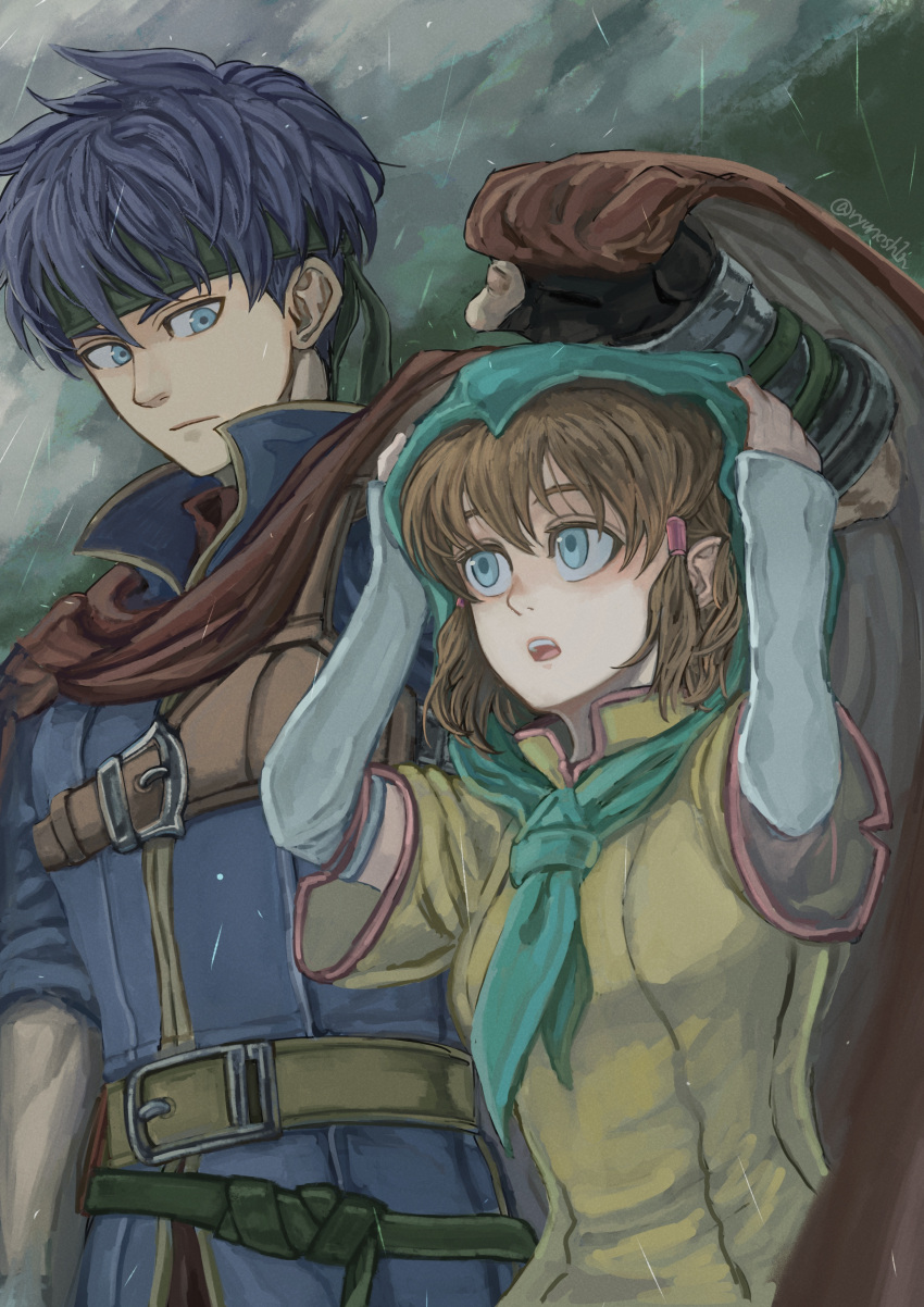 1boy, 1girl, absurdres, blue_eyes, blue_hair, breasts, brother_and_sister, brown_hair