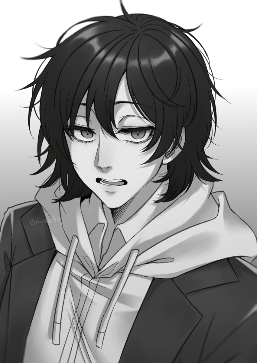 1boy, absurdres, chainsaw_man, choppy_bangs, commentary, english_commentary, grey_background, greyscale