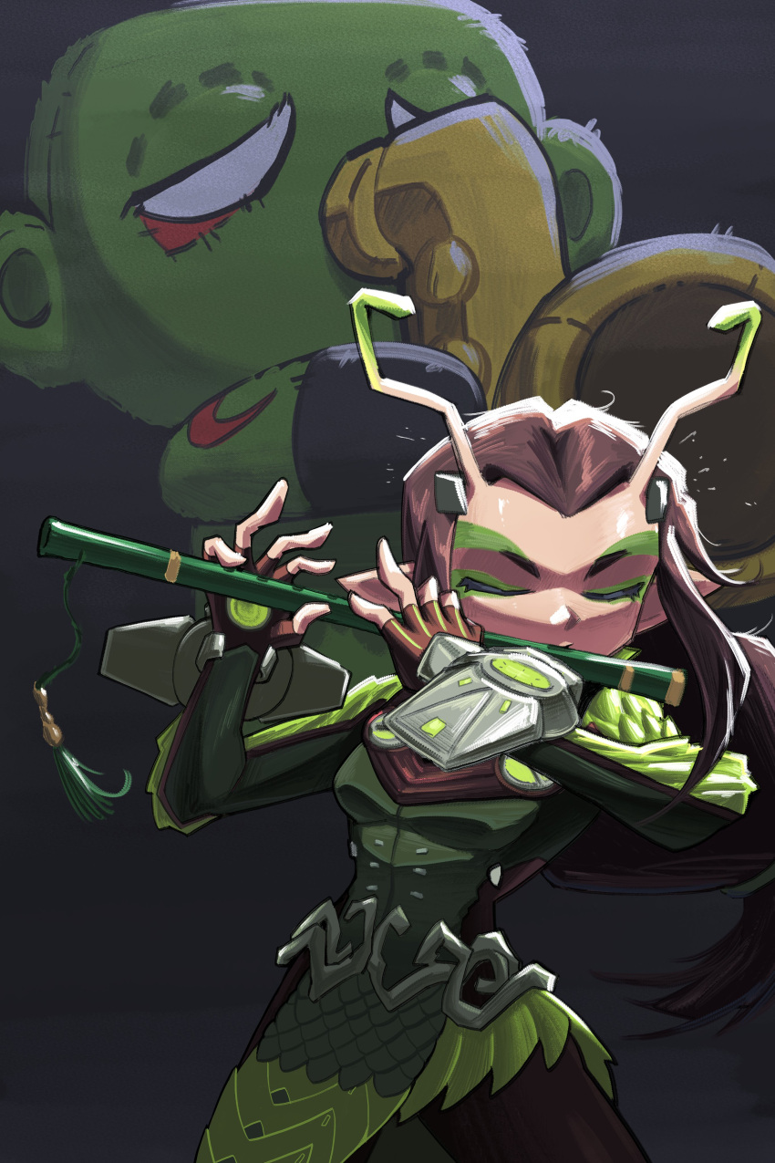 1boy, 1girl, absurdres, alien, antennae, belt, black_hair, closed_eyes