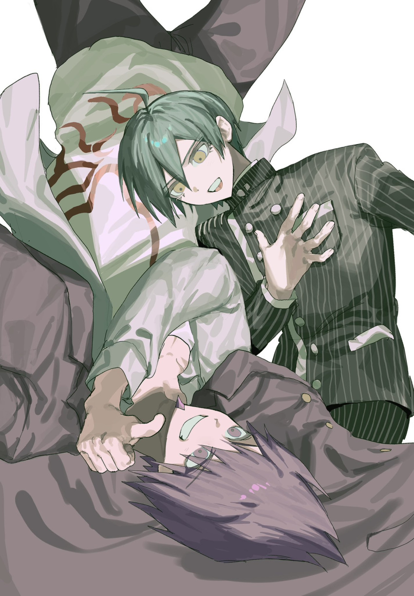 2boys, ahoge, black_hair, black_jacket, brown_eyes, buttons, collared_jacket, commentary_request