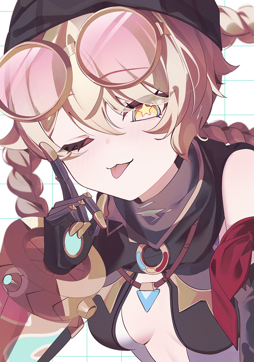1girl, absurdres, black_hat, blonde_hair, blush, braid, braided_hair_rings, breasts