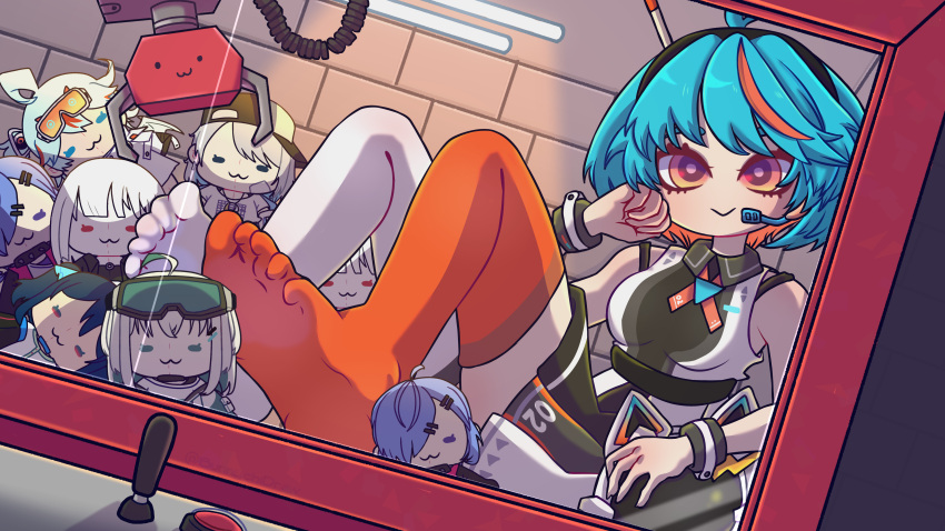 1girl, absurdres, ahoge, arcade, barefoot, belt, blue_hair, bunnychidraw, controller, crane_game, dress, feet, foot_focus, futuristic_outfit, glass_reflection, hair_ornament, headset, highres, indie_virtual_youtuber, indoors, joystick, leg_up, legs_up, looking_at_viewer, michi_(vtuber), microphone, multicolored_hair, number_print, short_hair, signature, single_thighhigh, sleeveless, sleeveless_dress, smile, soles, stuffed_animal, stuffed_toy, thigh-highs, toes, virtual_youtuber