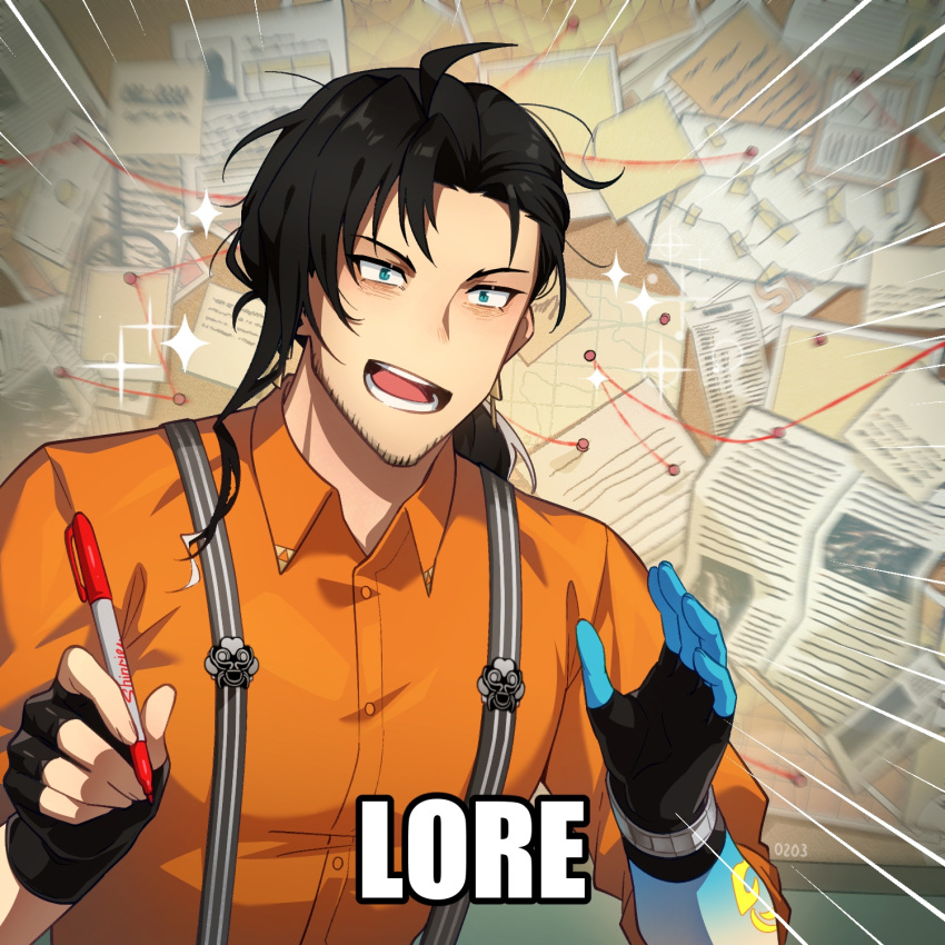 1boy, bags_under_eyes, beard_stubble, black_hair, blue_eyes, blue_skin, colored_skin, earrings