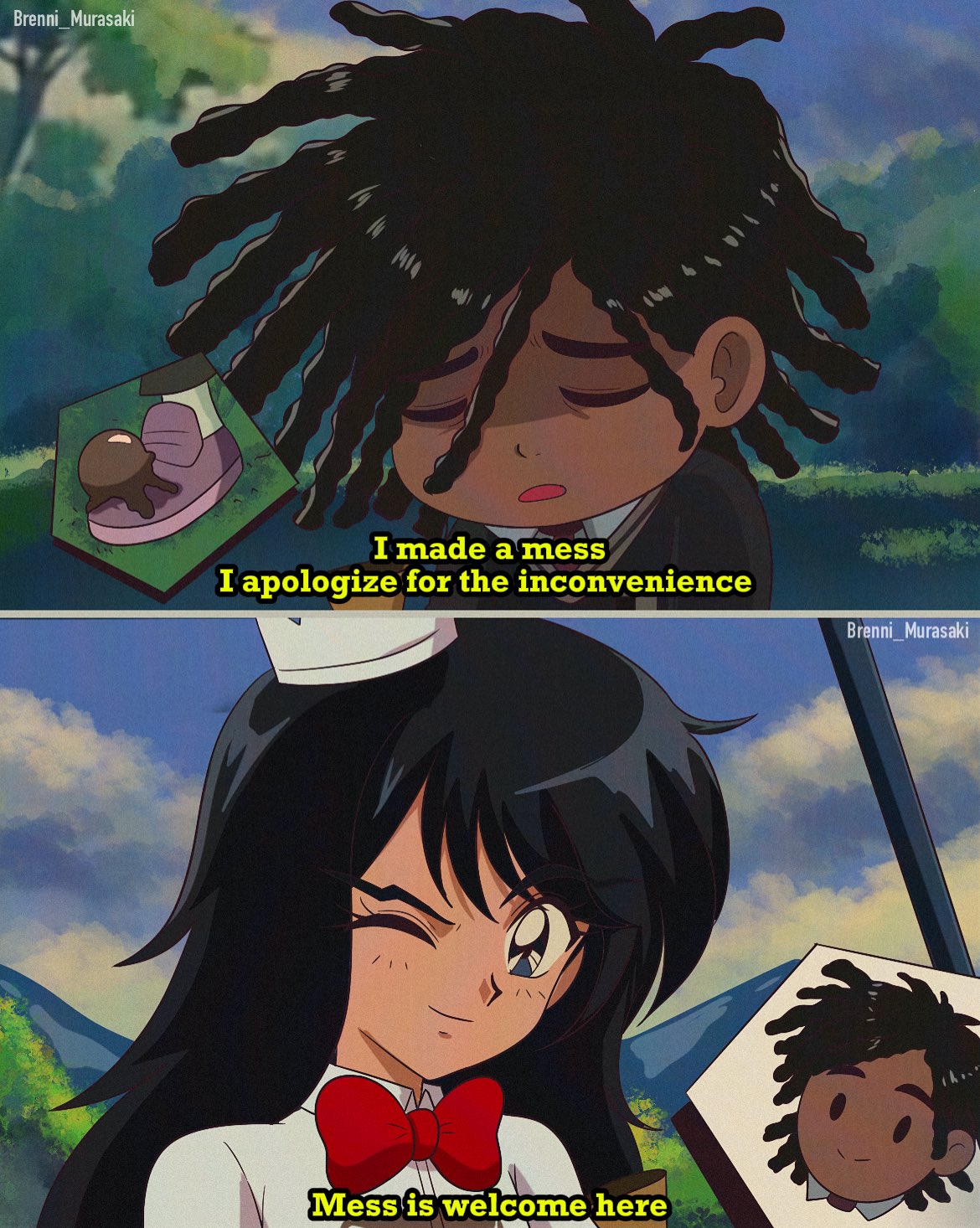 1boy, 1girl, adventure_time, adventure_time:_fionna_and_cake, artist_name, black_hair, blue_eyes, brenni_murasaki