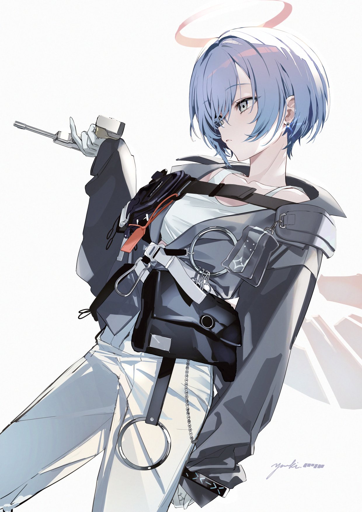 1girl, arknights, black_jacket, blue_hair, breasts, commentary, cowboy_shot, energy_wings, frown, gloves, grey_eyes, gun, halo, highres, holding, holding_gun, holding_weapon, infection_monitor_(arknights), jacket, looking_to_the_side, medium_breasts, o-ring_strap, pants, parted_lips, short_hair, simple_background, solo, spuria_(arknights), tank_top, traditional_halo, weapon, white_background, white_gloves, white_pants, white_tank_top, yuuki_uyu
