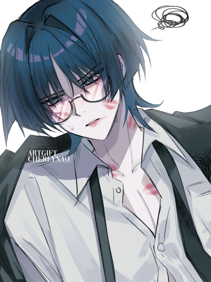 1boy, alternate_costume, artist_name, bespectacled, bishounen, black_jacket, black_necktie, blunt_ends