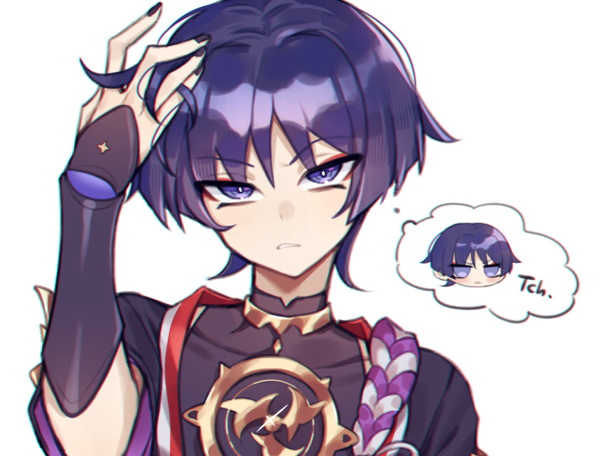 1boy, armor, black_bodysuit, black_nails, black_sleeves, blunt_ends, bodysuit, bright_pupils