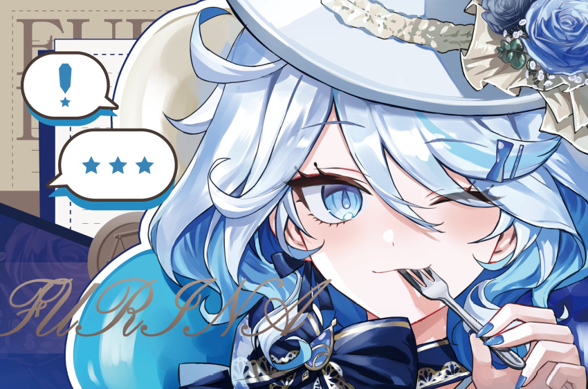 1girl, ahoge, blue_bow, blue_eyes, blue_flower, blue_gemstone, blue_hair, blue_ribbon