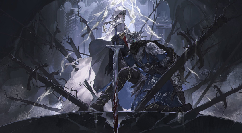 1boy, 1girl, armor, black_cape, black_gloves, blindfold_mask, blood, blood_on_weapon, blue_surcoat, boots, cape, cloak, commentary, duchess_(elden_ring), elden_ring, elden_ring_nightreign, english_commentary, eye_mask, gloves, half_eye_mask, helmet, highres, in-universe_location, kneeling, mask, planted, planted_sword, ramiica404, scale_armor, sword, thigh_boots, weapon, white_cloak, white_hood, winged_helmet, wylder_(elden_ring)