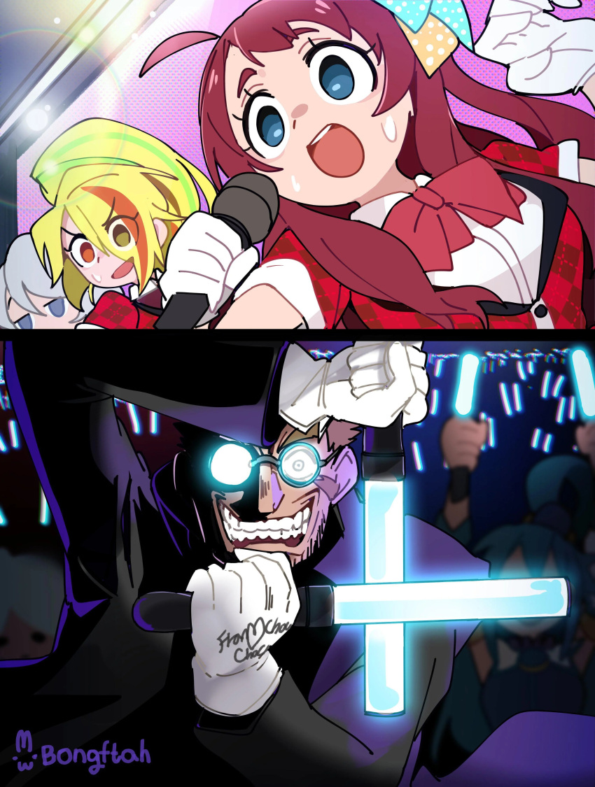 1boy, bongftah, long_hair, medium_hair, minamoto_sakura_(zombieland_saga), multiple_girls, zombie_land_saga
