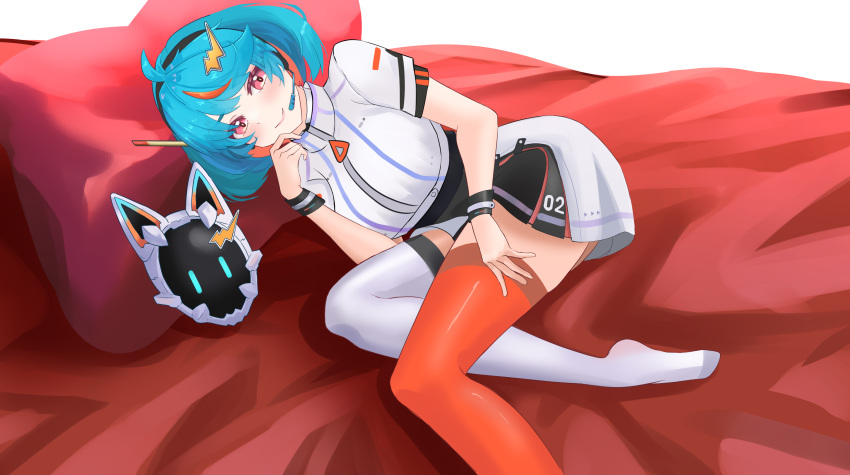1girl, absurdres, ahoge, asymmetrical_legwear, bed, belt, black_skirt, blue_hair, blush, cat_mask, dress, esteban_(estebaneishon), futuristic_outfit, hair_ornament, hairclip, headset, highres, indie_virtual_youtuber, lightning_bolt_symbol, looking_at_viewer, lying, mask, michi_(vtuber), microphone, mismatched_legwear, multicolored_hair, non-web_source, number_print, on_bed, short_hair, short_sleeves, skirt, smile, solo, thigh-highs, virtual_youtuber, white_dress