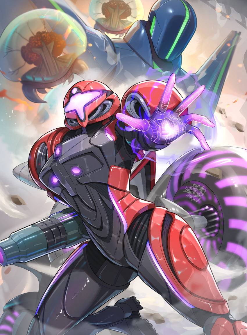 1girl, absurdres, arm_cannon, armor, assault_visor, cannon, commentary_request, full_armor