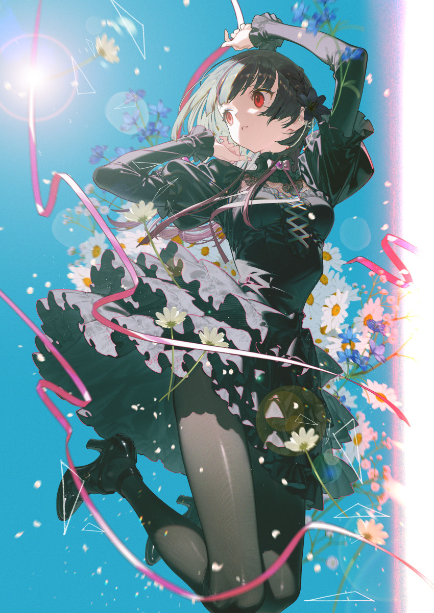 1girl, absurdres, arms_up, black_dress, black_hair, black_pantyhose, black_shoes, blue_flower