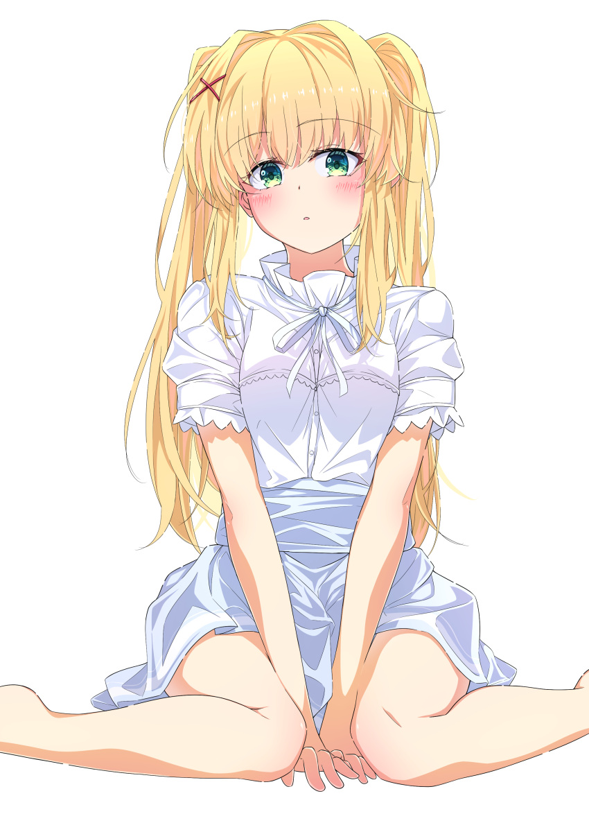 1girl, absurdres, barefoot, between_legs, blonde_hair, blue_skirt, blush, commentary