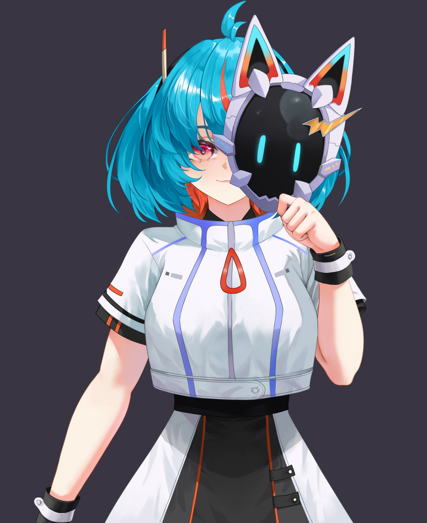 1girl, absurdres, ahoge, belt, black_skirt, blue_hair, bracelet, cat_mask, dark_background, dress, futuristic_outfit, hair_ornament, highres, holding, holding_mask, indie_virtual_youtuber, jewelry, looking_at_viewer, mana_(manasenshou), mask, michi_(vtuber), multicolored_hair, non-web_source, one_eye_visible, partially_visible_face, short_hair, short_sleeves, simple_background, skirt, smile, solid_background, solo, standing, upper_body, white_dress, wristband