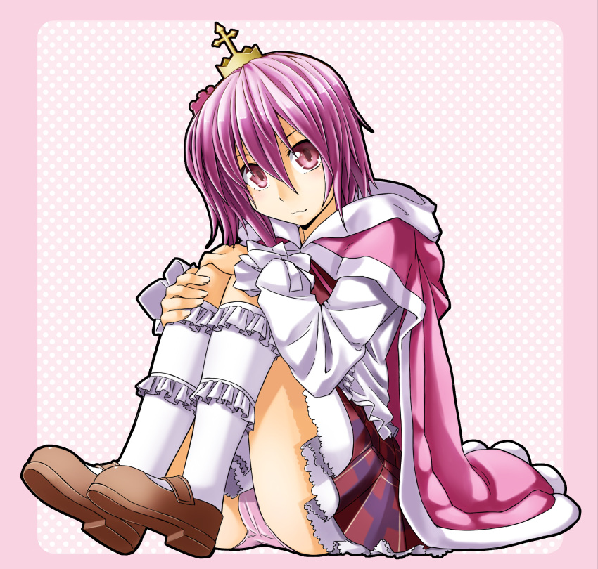 cape, crown, highres, macaron_(twinkle_crusaders), panties, pantyshot, pantyshot_(sitting), pantyshot_sitting