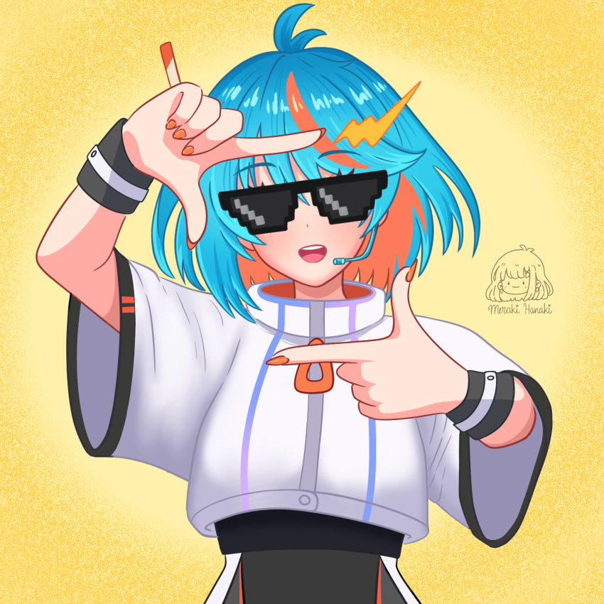 1girl, ahoge, artist_request, black_skirt, blue_hair, blush, deal_with_it_(meme), finger_frame
