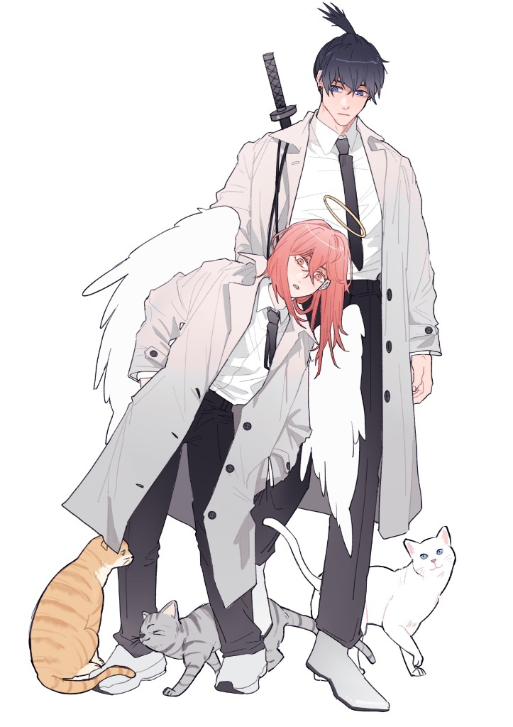 2boys, angel_devil_(chainsaw_man), animal, black_hair, black_necktie, black_pants, blue_eyes, cat, chainsaw_man, coat, collared_shirt, commentary, grey_coat, halo, hand_in_pocket, hayakawa_aki, height_difference, long_hair, looking_at_animal, male_focus, multiple_boys, necktie, open_clothes, open_coat, pants, penguin_jun, shirt, short_hair, simple_background, topknot, traditional_halo, weapon, weapon_on_back, white_background, white_shirt, wings