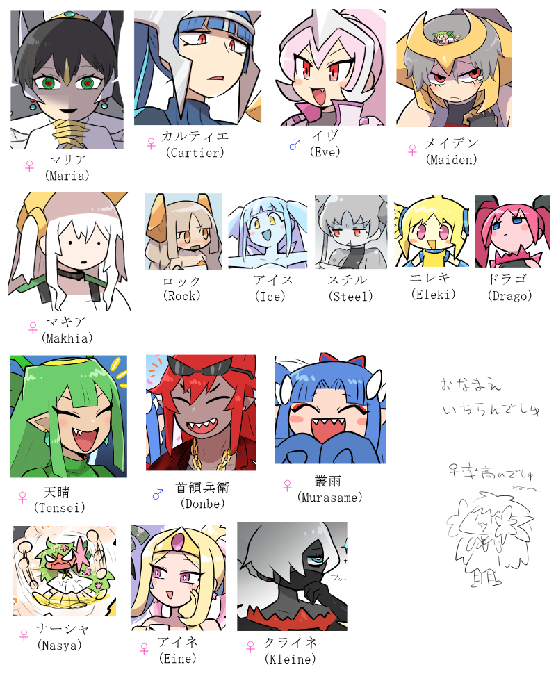 2boys, 6+girls, arceus, black_hair, blonde_hair, blue_eyes, blue_hair, blue_skin, blush, blush_stickers, brown_eyes, brown_hair, cartier_(kasugai_(de-tteiu)), character_name, closed_eyes, colored_skin, commentary, cresselia, darkrai, dialga, donbe_(kasugai_(de-tteiu)), drago_(kasugai_(de-tteiu)), eine_(kasugai_(de-tteiu)), eleki_(kasugai_(de-tteiu)), english_text, eve_(kasugai_(de-tteiu)), fake_horns, fang, fangs, full-face_blush, giratina, green_hair, grey_hair, grey_skin, groudon, horned_headwear, horns, ice_(kasugai_(de-tteiu)), kasugai_(de-tteiu), kleine_(kasugai_(de-tteiu)), kyogre, machia_(kasugai_(de-tteiu)), maiden_(kasugai_(de-tteiu)), maria_(kasugai_(de-tteiu)), multicolored_eyes, multicolored_hair, multiple_boys, multiple_girls, murasame_(kasugai_(de-tteiu)), nasya_(kasugai_(de-tteiu)), palkia, pink_eyes, pink_hair, pink_skin, pokemon, pokemon_dppt, pokemon_rse, pokemon_swsh, portrait, rayquaza, red_eyes, red_hair, regice, regidrago, regieleki, regigigas, regirock, registeel, riding, rock_(kasugai_(de-tteiu)), shaymin, sidelocks, steel_(kasugai_(de-tteiu)), tensei_(kasugai_(de-tteiu)), two-tone_hair, white_hair, yellow_eyes, yellow_skin