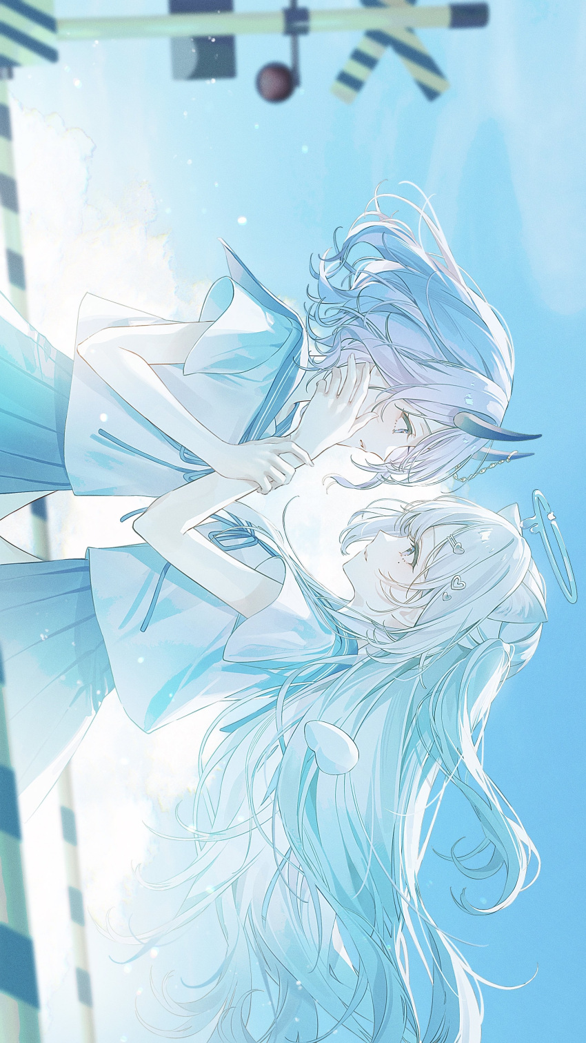 2girls, absurdres, blue_halo, blue_sky, boom_barrier, closed_mouth, crossbuck, floating_hair, from_side, hair_ornament, halo, hand_on_another's_cheek, hand_on_another's_face, heart, heart_hair_ornament, highres, holding_another's_wrist, indie_virtual_youtuber, long_hair, looking_at_another, mameko_(l8_w3), manmaru(vtuber), medium_hair, melting_halo, mole, mole_under_eye, multiple_girls, nekone_uyu, purple_hair, railroad_crossing, sailor_collar, school_uniform, shirt, short_sleeves, sky, upper_body, wavy_hair, white_hair, white_shirt