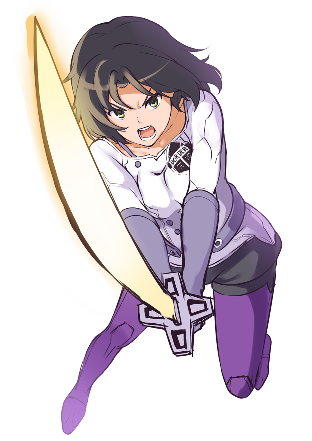 1girl, black_hair, boots, breasts, commentary, energy_sword, gloves, green_eyes