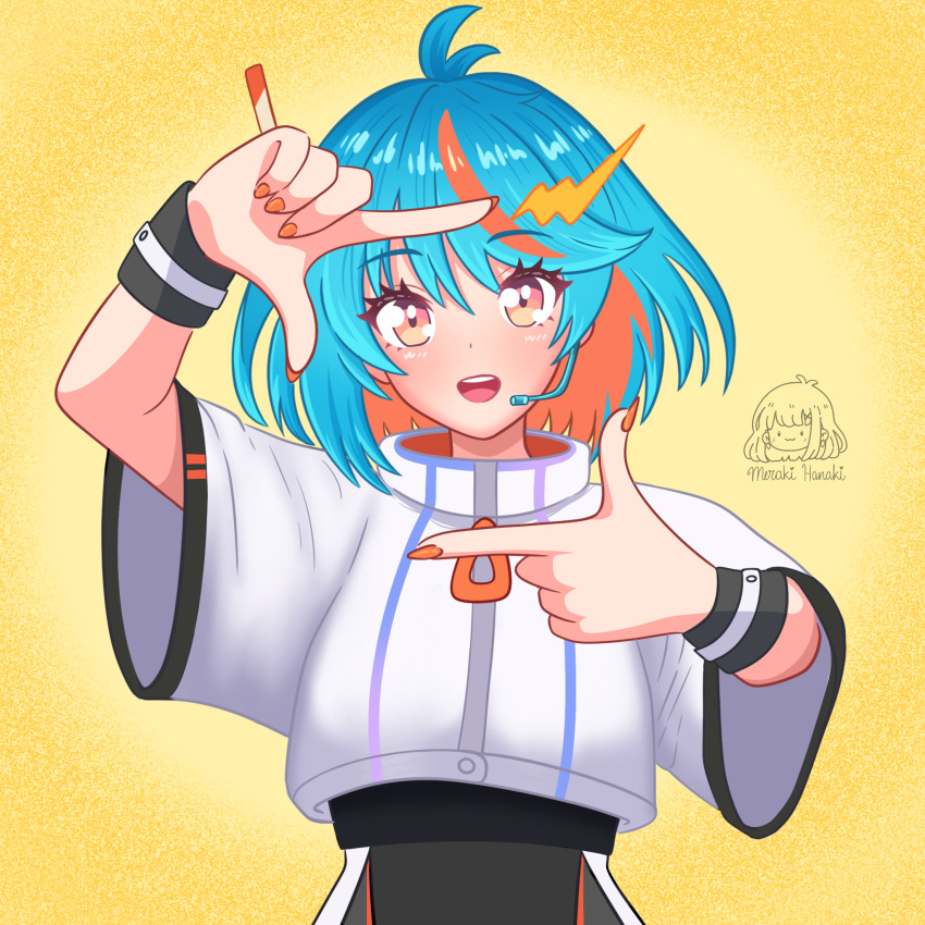1girl, ahoge, black_skirt, blue_hair, blush, finger_frame, framing_gesture, futuristic_outfit