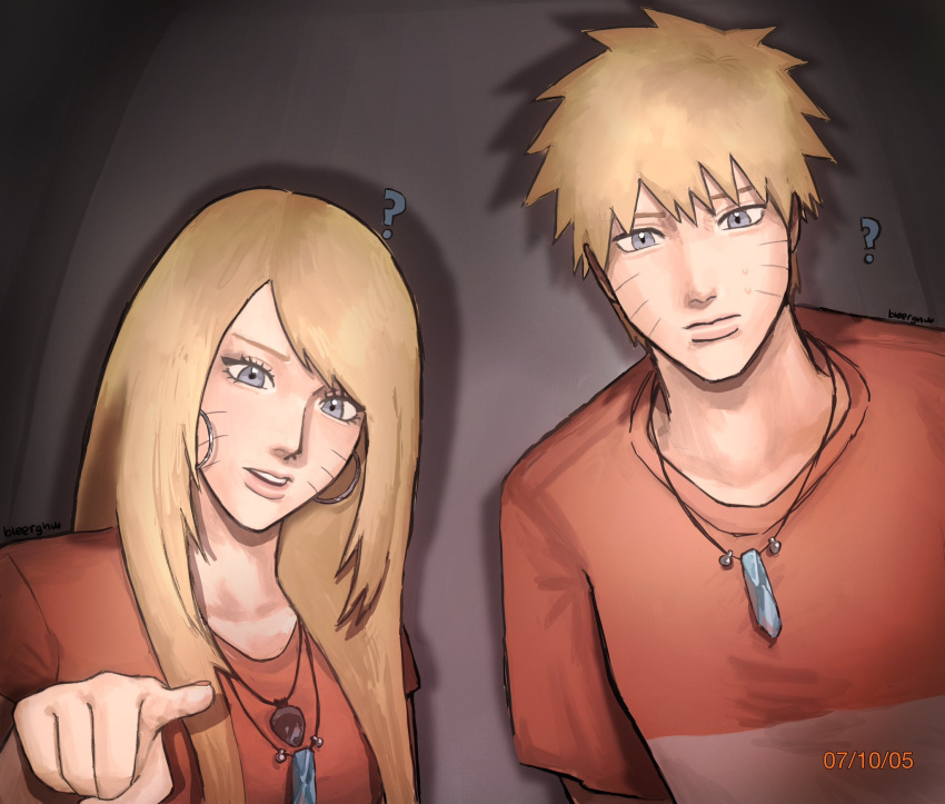 1boy, 1girl, ?, alternate_costume, alternate_hairstyle, artist_name, bleeehrghw, blonde_hair