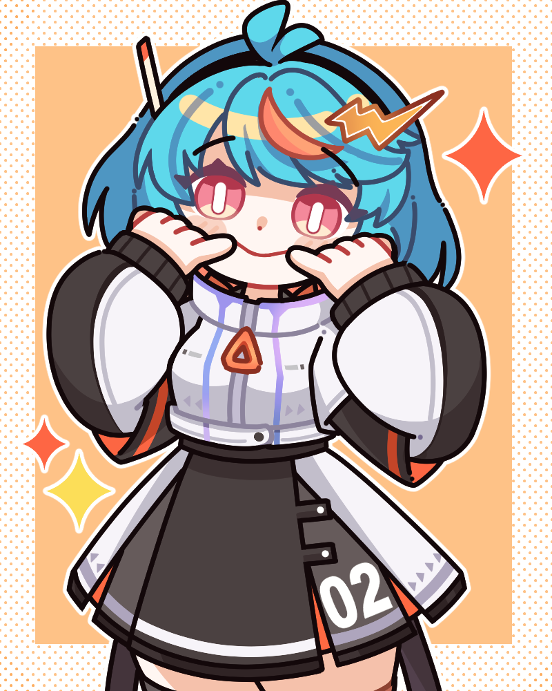 02, 1girl, ahoge, belt, black_skirt, blue_hair, blush, chibi