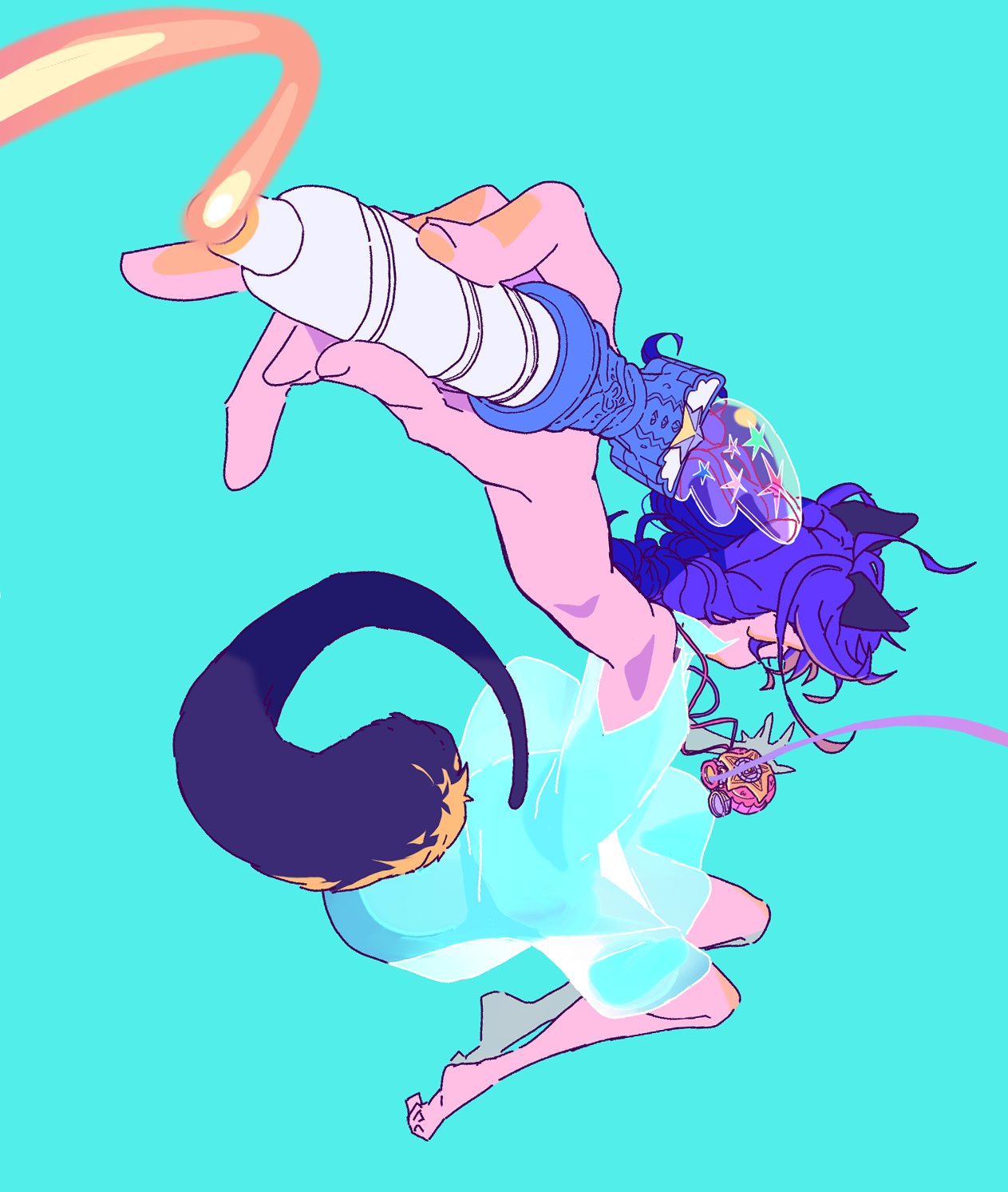 1girl, animal_ears, blue_dress, blue_hair, braid, cat_ears, cat_tail, dress