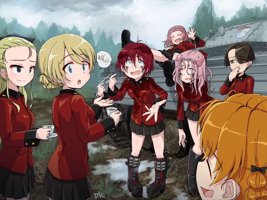 6+girls, absurdres, assam_(girls_und_panzer), black_skirt, blonde_hair, blue_eyes, blush, boots