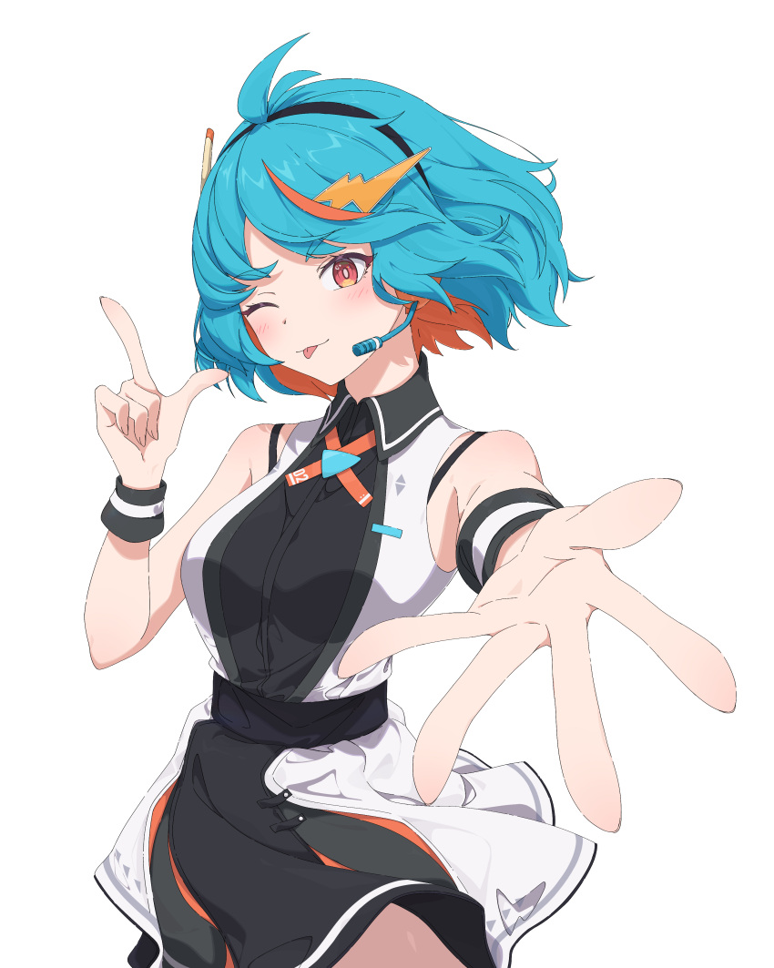 1girl, absurdres, ahoge, asymmetrical_skirt, belt, black_dress, blue_hair, dress