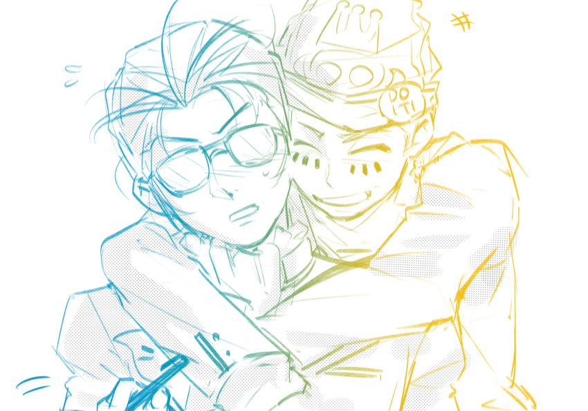 2boys, badge, button_badge, catfish05, closed_eyes, colored_lineart, commentary, glasses, gradient_lineart, hat, highres, hug, hug_from_behind, inaba_masao, long_sleeves, male_focus, multiple_boys, nanjou_kei, opaque_glasses, open_mouth, persona, persona_1, short_hair, simple_background, smile, symbol-only_commentary, upper_body, white_background