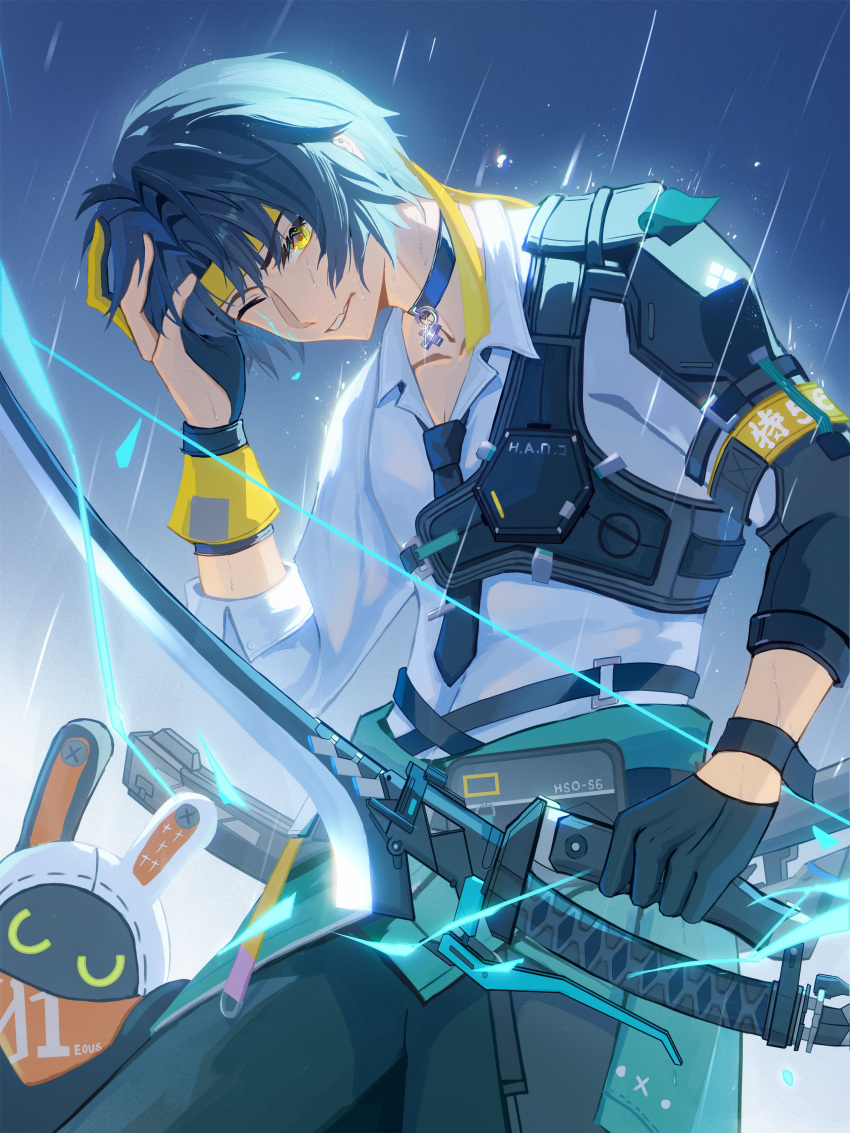 1216767974xue, 1boy, absurdres, armor, asaba_harumasa, asymmetrical_gloves, bangboo_(zenless_zone_zero), black_choker