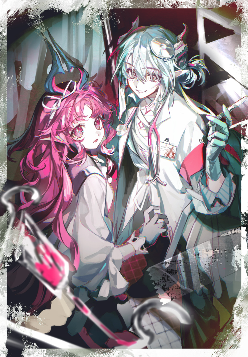 1boy, 1girl, aqua_gloves, arknights, blood, bright_pupils, chinese_commentary, commentary_request