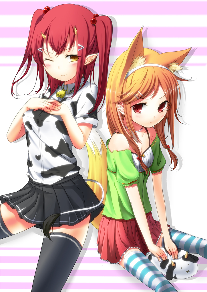 :t, animal_ears, bad_id, bare_shoulders, bell, black_legwear, blonde_hair, blush