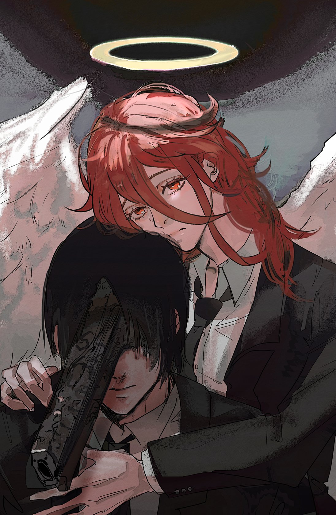 2boys, angel, angel_devil_(chainsaw_man), angel_wings, black_hair, black_necktie, chainsaw_man, collared_shirt, commentary, gun_devil_(chainsaw_man), hair_between_eyes, hair_undone, halo, hayakawa_aki, highres, long_hair, looking_at_viewer, male_focus, multiple_boys, necktie, ogata69, shirt, short_hair, traditional_halo, upper_body, white_shirt, white_wings, wings